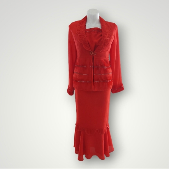 Tally Taylor Red 3 Piece Skirt Suit Embellished Jacket & Flair Skirt Detail Sz 8 - Picture 10 of 12